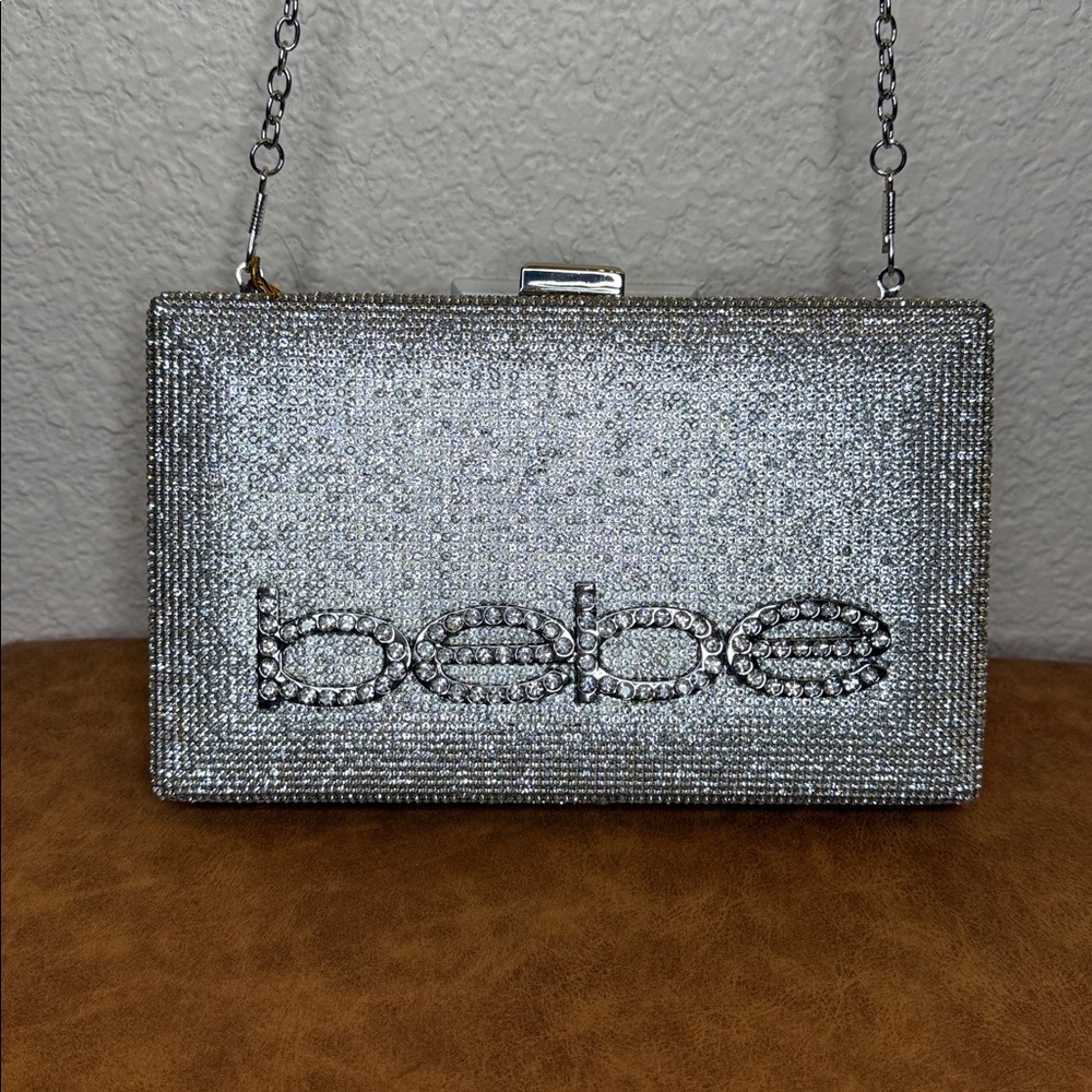 Bebe Zaza Silver Rhinestone Hardshell Clutch